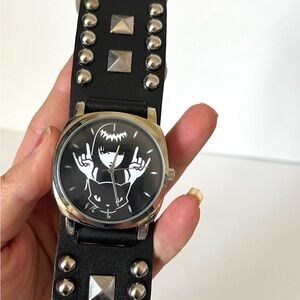 Emily The Strange Time To Leave Wrist Watch Black Silver Pyramid Studs Goth Punk